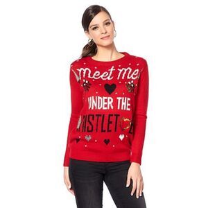 Funny Cute Ugly Red Decorated Christmas Sweater Meet Me Under The Mistletoe New